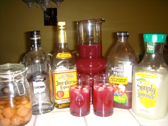 Meet the players ( from left) Home made Lychee vodka, Litchini, Jose Cuervo gold, Minute maid pomegranate blueberry juice and simply lemon